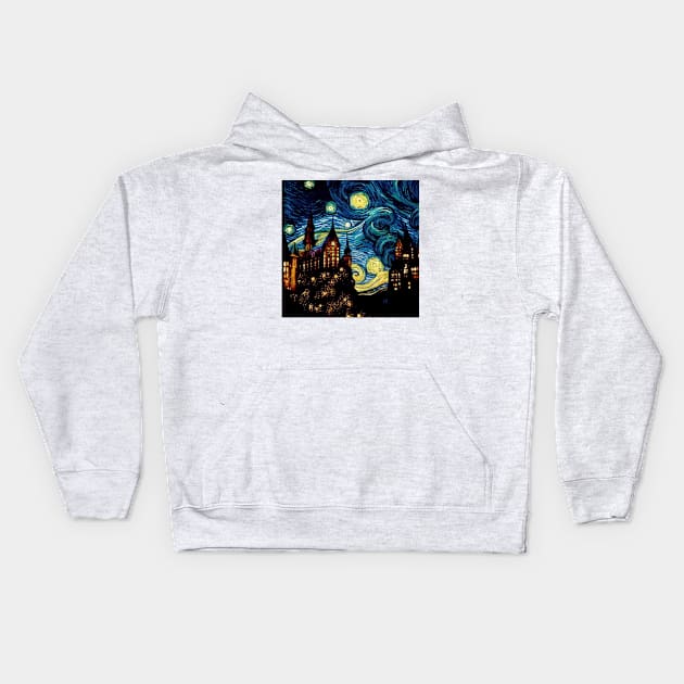 Starry Night Wizarding School Van Gogh Kids Hoodie by Grassroots Green